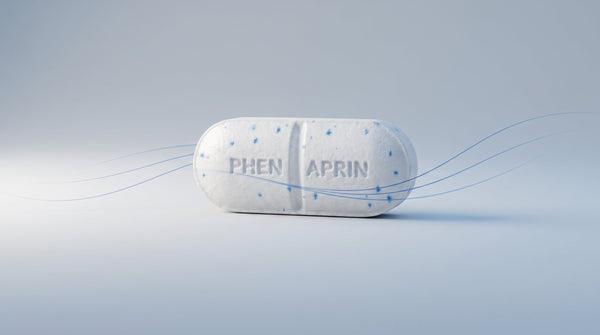 Premium minimal still life suggesting metabolism and balance: a single PhenAprin Original tablet on a soft light-grey to light-blue gradient with restrained motion-line accents in brand blue.