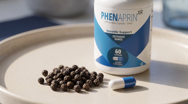 Crisp macro still life of black peppercorns beside a PhenAprin XR capsule on a light surface, communicating absorption support.