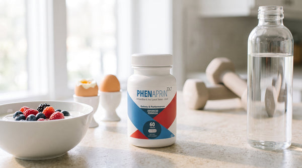 PhenAprin TX7 bottle on a kitchen counter with Greek yogurt and berries, boiled eggs, dumbbells, and water