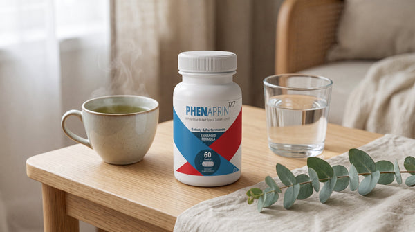 PhenAprin TX7 bottle on a wooden side table beside a cup of green tea, a glass of water, and eucalyptus