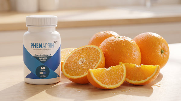 Fresh bitter orange fruit and slices beside a PhenAprin XR bottle on a clean light surface, natural and appetizing, premium.