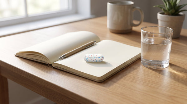 Calm desk-and-daylight scene suggesting steady focus: a tidy workspace with a glass of water and a notebook in soft natural light.