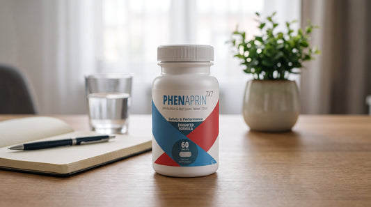 PhenAprin TX7 bottle on a wooden desk beside an open notebook, a pen, and a glass of water in soft daylight