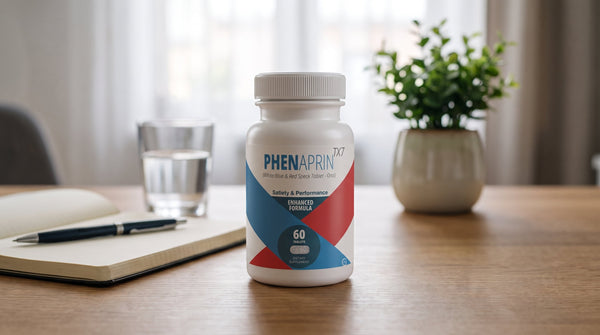 PhenAprin TX7 bottle on a wooden desk beside an open notebook, a pen, and a glass of water in soft daylight
