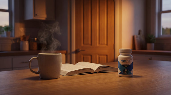 Calm evening kitchen scene: warm low light, a closed pantry and tidy counter, a mug of herbal tea steaming beside a book on the counter edge, kitchen lights half dimmed as if just switched off for the night.