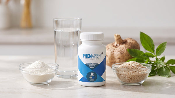 Clean side-by-side ingredient still life: two small glass bowls on a light counter, one holding fine konjac root powder, one holding psyllium husks, a tall clear glass of water between them, a konjac root and a sprig of Plantago in soft focus behind.
