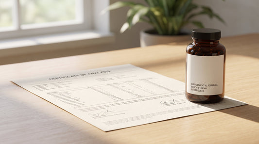 Trust-forward still life: a printed certificate-of-analysis document and a supplement bottle on a bright desk, soft shadow, authentic lab-document feel.