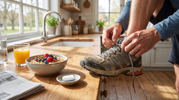 Editorial lifestyle of everyday active living: a relatable adult lacing up for a walk or making a balanced breakfast, bright natural light, steady-energy mood.