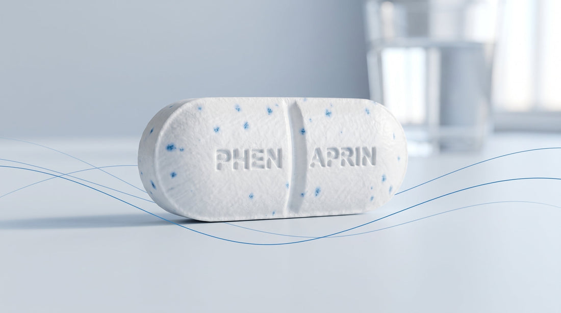 Close-up of a PhenAprin Original tablet with blue specks and PHEN APRIN pressed into it, on a pale blue backdrop