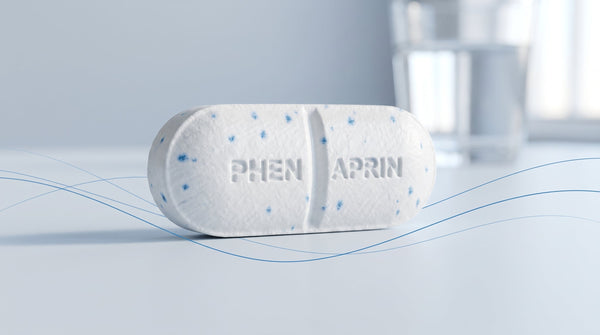 Close-up of a PhenAprin Original tablet with blue specks and PHEN APRIN pressed into it, on a pale blue backdrop