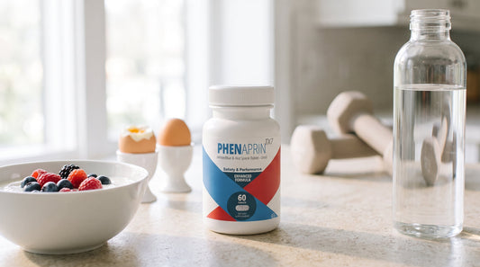 PhenAprin TX7 bottle on a kitchen counter with Greek yogurt and berries, boiled eggs, dumbbells, and water