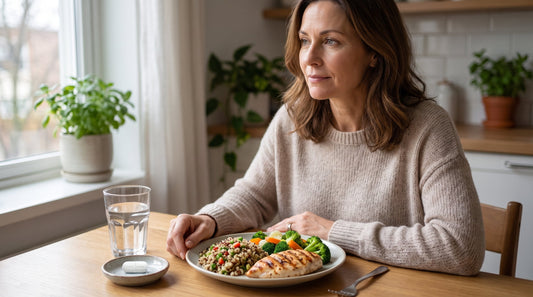 Lifestyle moment of quiet appetite control: a relatable adult pausing calmly before a balanced meal, soft natural light, conveying reduced food noise.