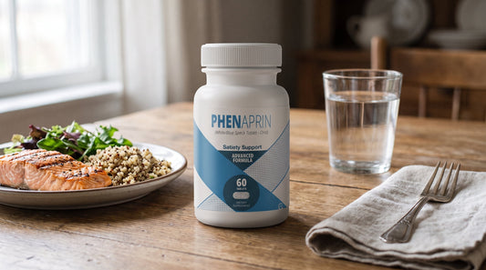PhenAprin Original bottle on a dining table beside a salmon and quinoa plate and a glass of water