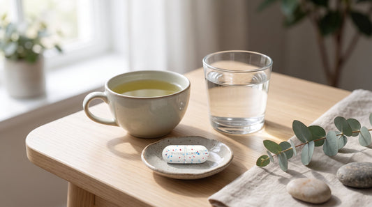 Serene still life of calm focus: a cup of green tea and a glass of water on a light surface, soft daylight, unhurried mood.