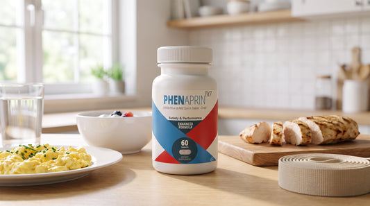 PhenAprin TX7 bottle on a kitchen counter with scrambled eggs, Greek yogurt, sliced chicken, and water