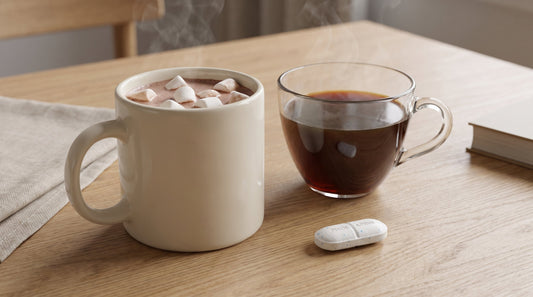 Calm still life contrasting two warm cups (cocoa and coffee) on a light surface, a measured, informational mood.