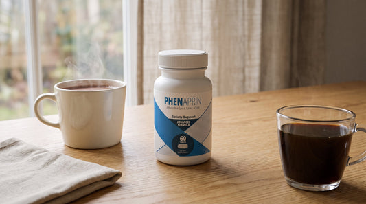 PhenAprin Original bottle on an oak table between a mug of cocoa and a glass cup of black coffee