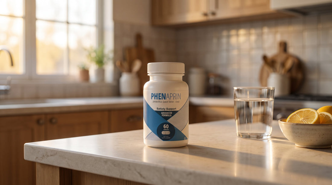PhenAprin Original bottle on a sunlit stone kitchen counter beside a glass of water and a bowl of citrus