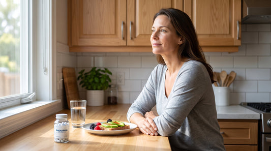 Quiet-kitchen lifestyle still life: a relatable adult at a bright kitchen counter mid-morning, calm and unbothered, a glass of water and a simple balanced plate nearby, closed cabinets behind.
