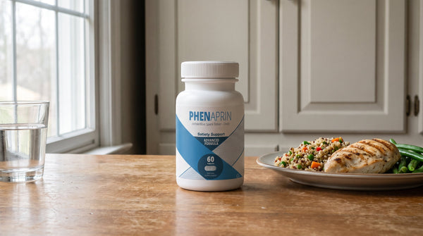 PhenAprin Original bottle on a kitchen table beside a balanced plate of chicken, grains, and vegetables