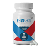 PhenAprin TX7 bottle, 60 white tablets with blue and red specks, satiety and performance enhanced formula