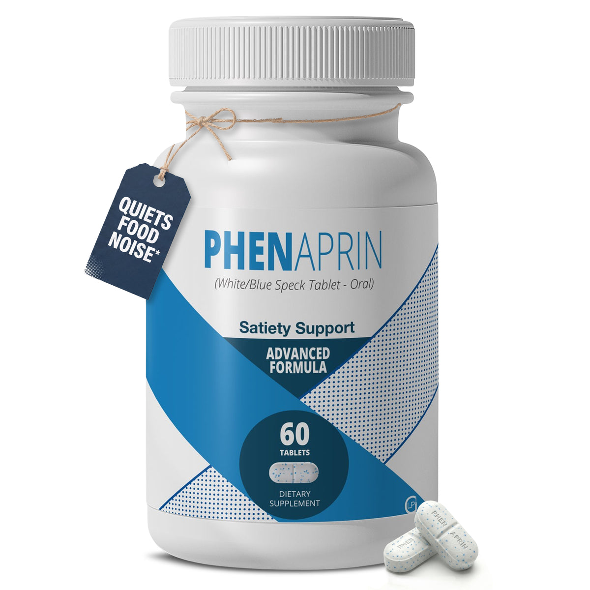 PhenAprin Original bottle, 60 white and blue speck tablets, satiety support advanced formula