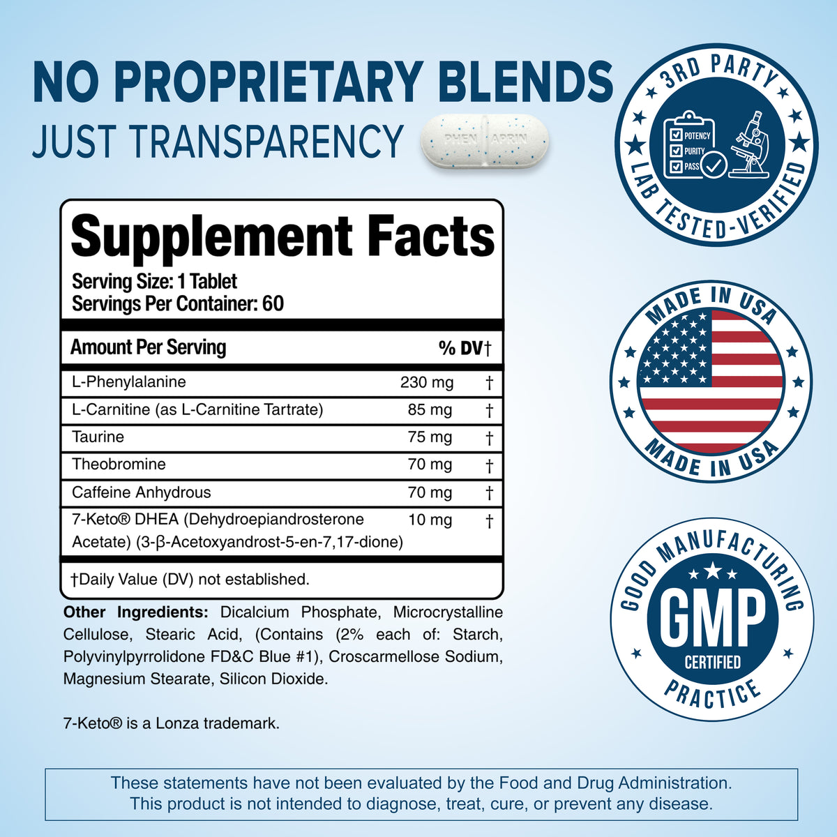 PhenAprin Original Supplement Facts panel with third party tested, Made in USA, and GMP certified badges