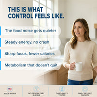 Woman in her kitchen with the list of PhenAprin benefits: quieter food noise, steady energy, sharp focus