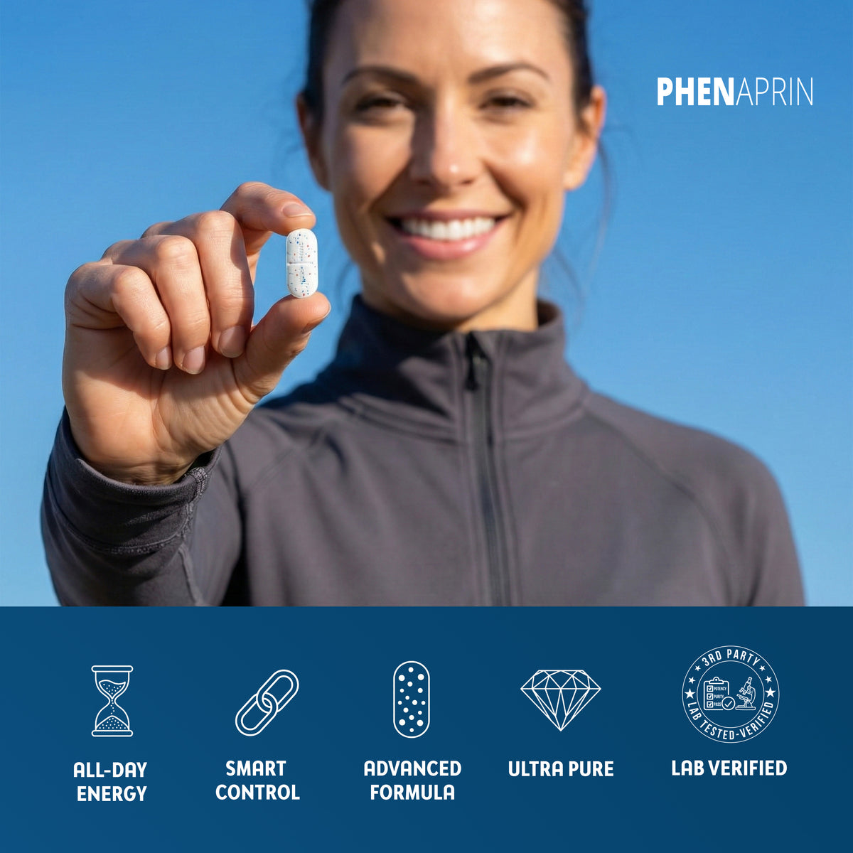 Woman holding a PhenAprin TX7 tablet