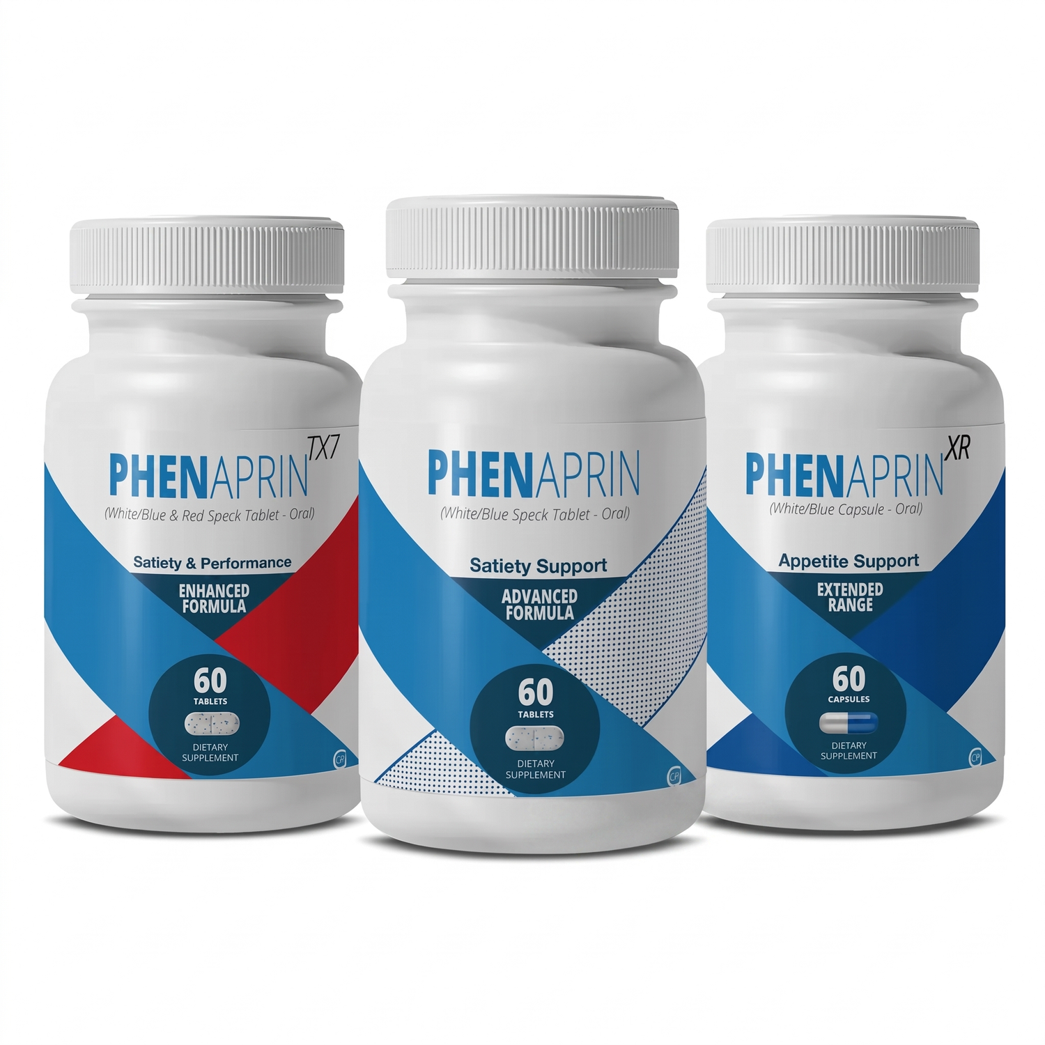 PhenAprin Original, XR, and TX7 supplement bottles