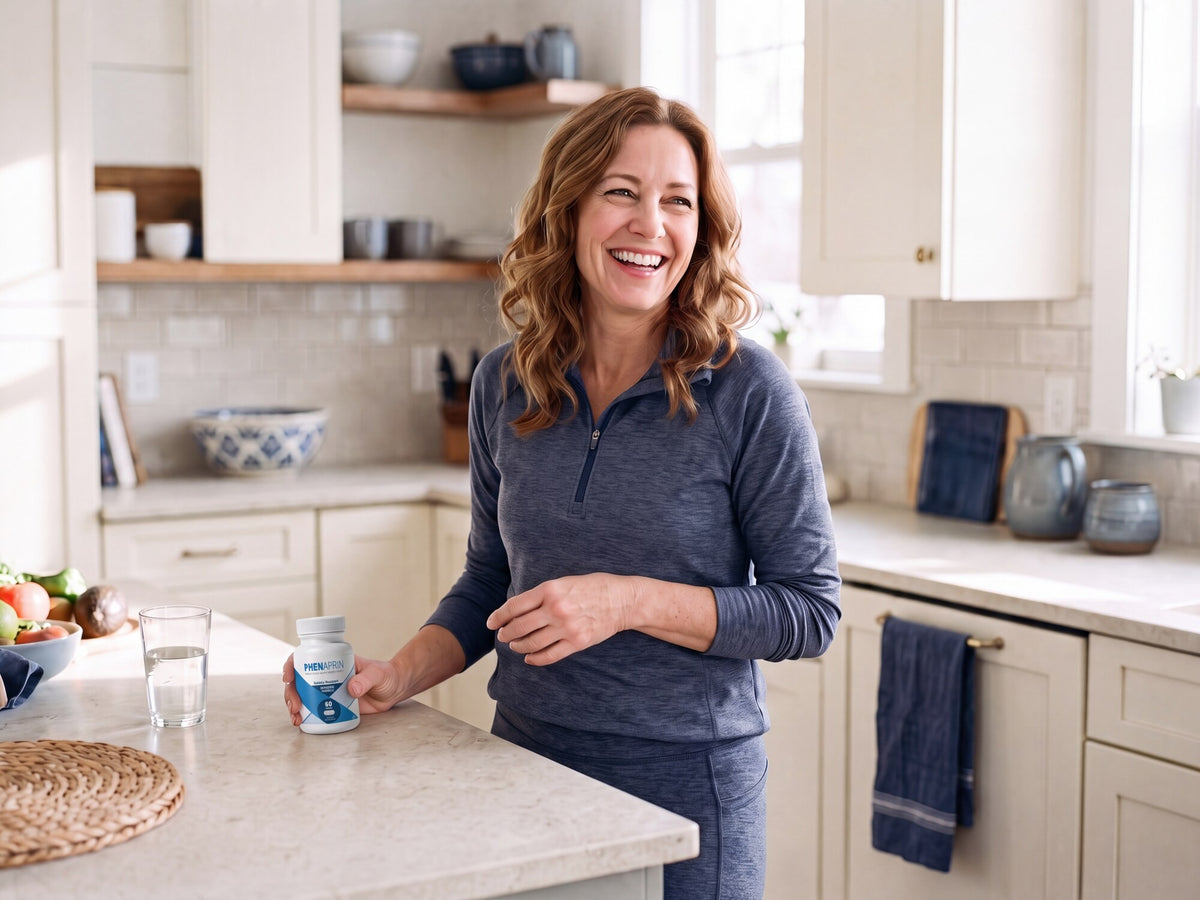 Woman at her kitchen counter in the morning with a bottle of PhenAprin Original nearby
