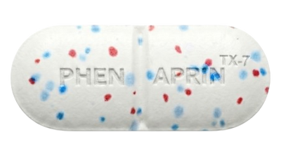 PhenAprin TX7 tablet, white with blue and red speckles