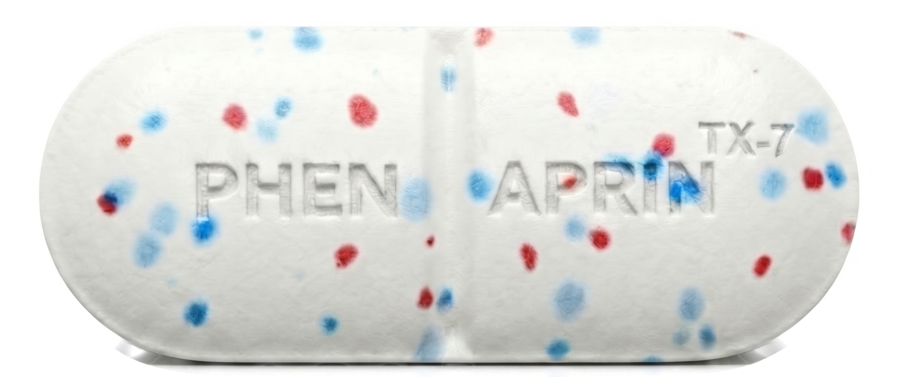 PhenAprin TX7 white tablet with blue and red specks