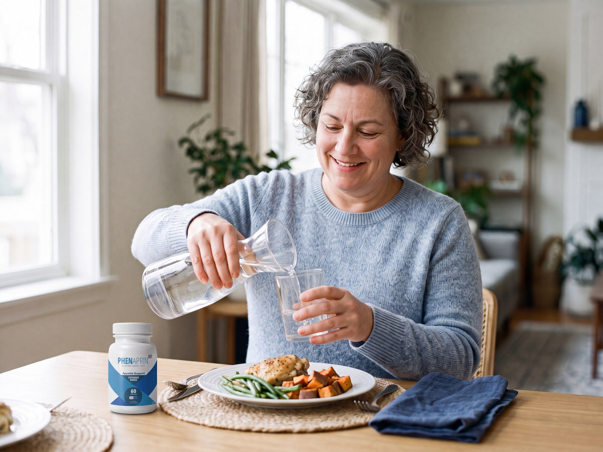 Woman pouring a glass of water at a mealtime table with a bottle of PhenAprin XR nearby